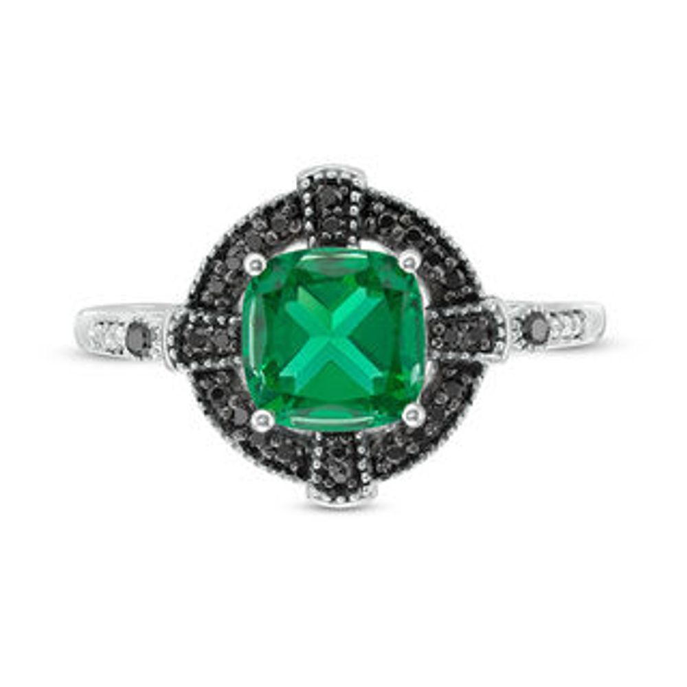 Lab-Created Emerald and 0.14 CT. T.W. Enhanced Black and White Diamond Gothic-Style Cross Frame Ring in 10K White Gold|Peoples Jewellers