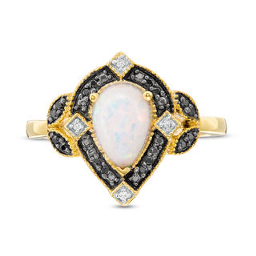 Pear-Shaped Lab-Created Opal and 0.085 CT. T.W. Enhanced Black and White Diamond Art Deco Frame Ring in 10K Gold|Peoples Jewellers