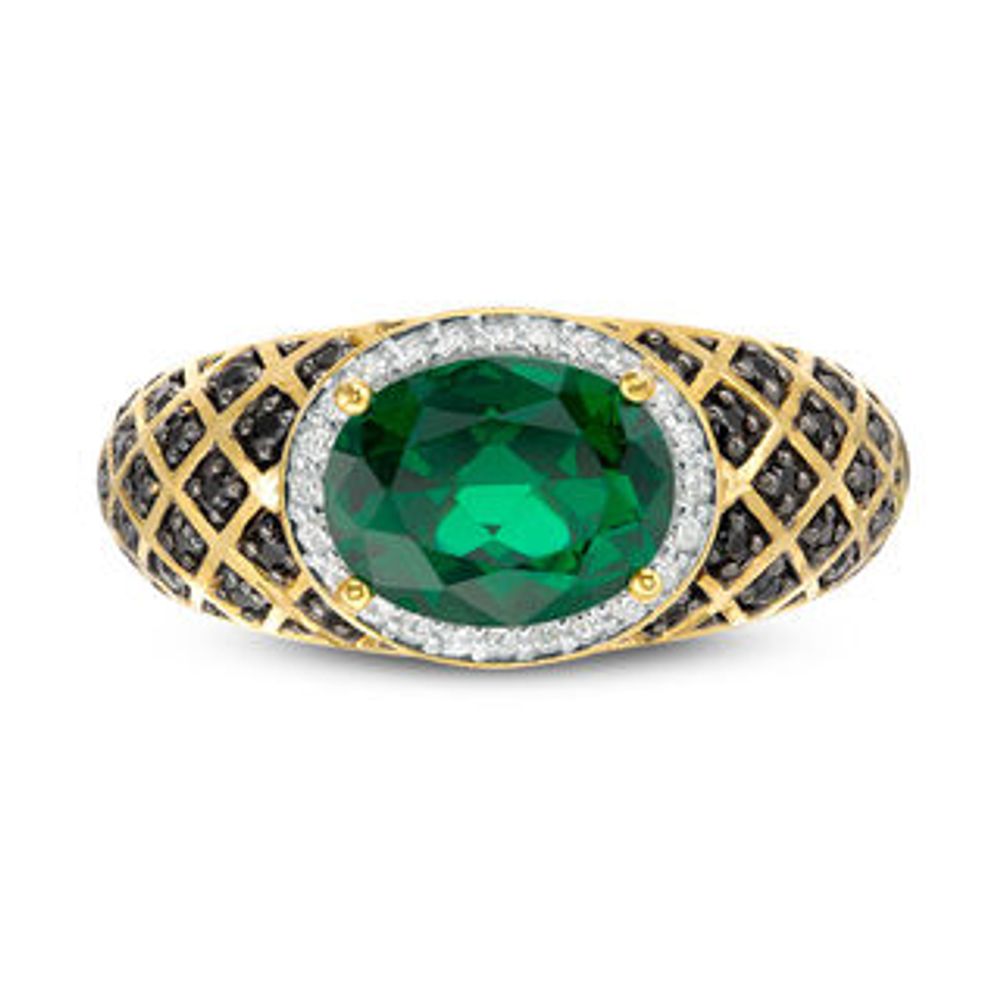 Sideways Oval Lab-Created Emerald and 0.29 CT. T.W. Enhanced Black and White Diamond Quilt Dome Ring in 10K Gold|Peoples Jewellers