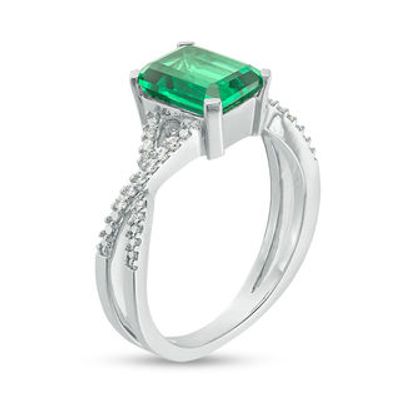 Emerald-Cut Lab-Created Emerald and 0.085 CT. T.W. Diamond Criss-Cross Split Shank Ring in 10K White Gold|Peoples Jewellers