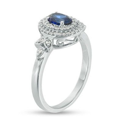 Oval Lab-Created Blue Sapphire and 0.23 CT. T.W. Diamond Double Frame Ring in 10K White Gold|Peoples Jewellers