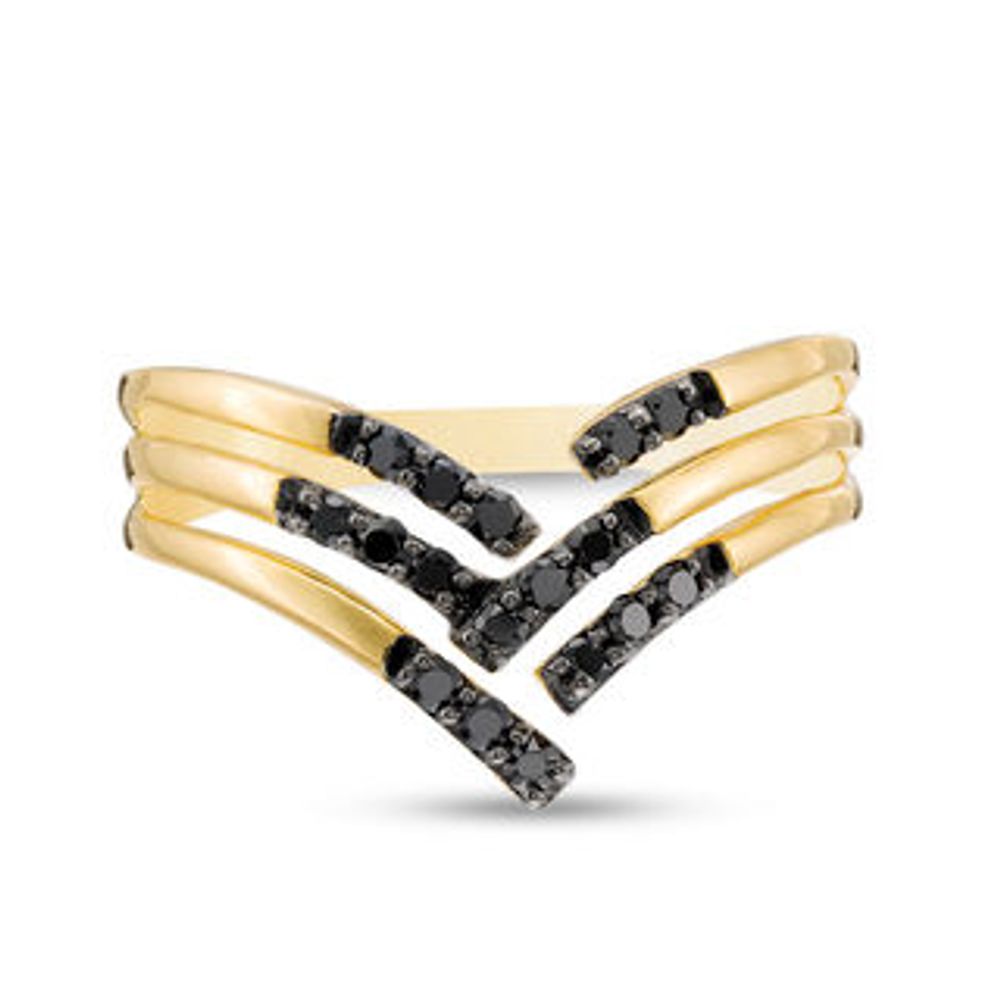 Black Spinel Woven Split Shank Chevron Ring in Sterling Silver with 14K Gold Plate|Peoples Jewellers