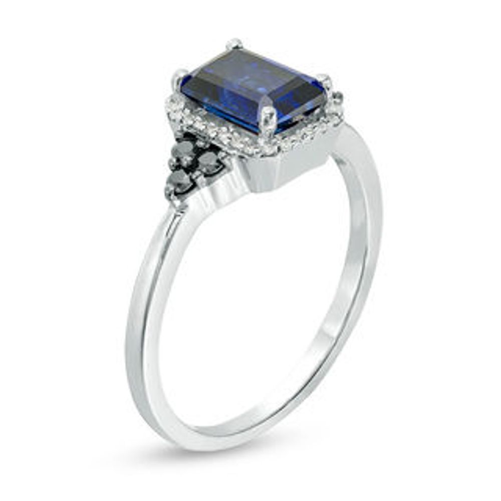 Lab-Created Blue Sapphire and 0.18 CT. T.W. Enhanced Black and White Diamond Frame Tri-Sides Ring in Sterling Silver|Peoples Jewellers