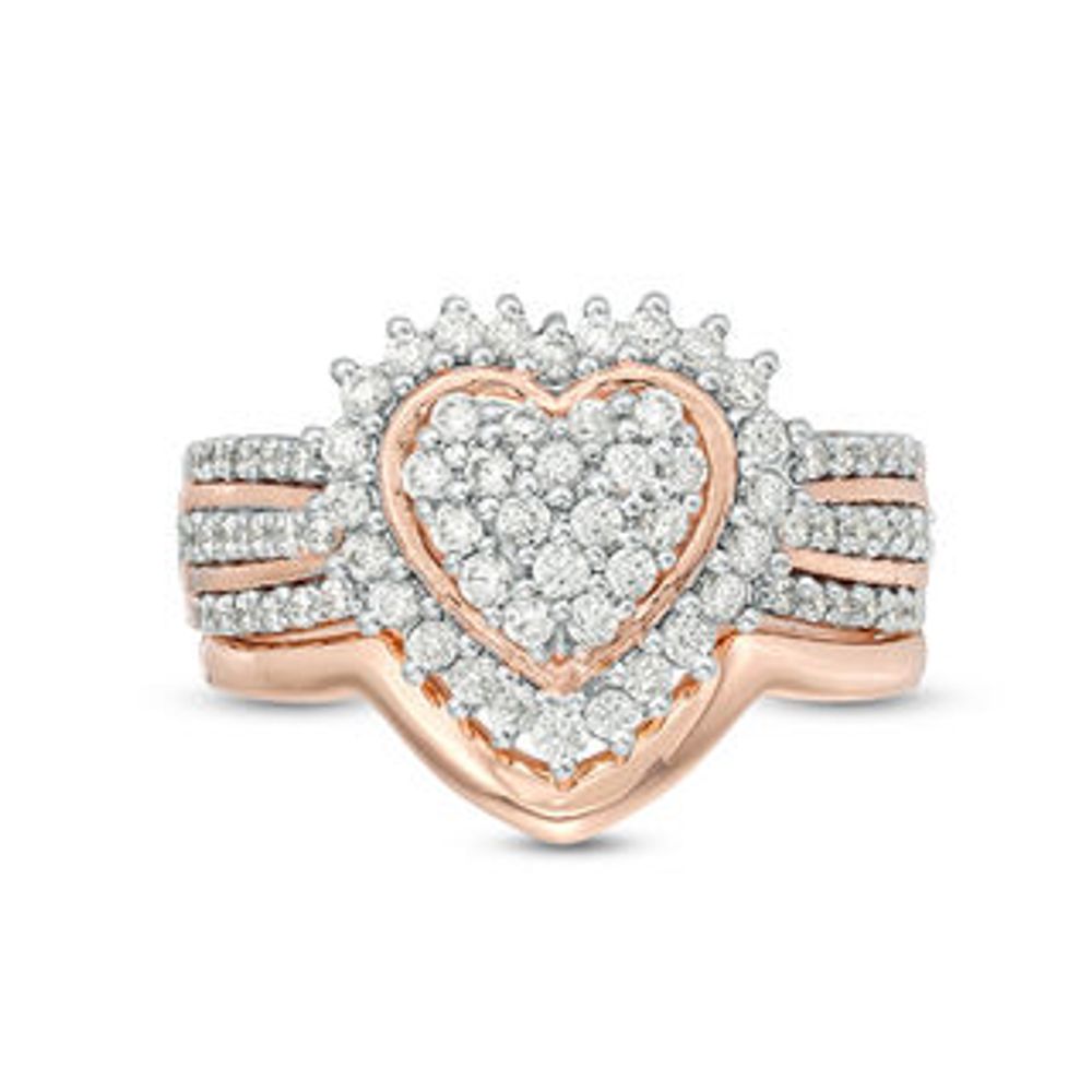 0.58 CT. T.W. Composite Diamond Sunburst Heart Frame Multi-Row Bridal Set in Sterling Silver with 14K Rose Gold Plate|Peoples Jewellers