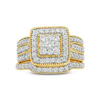 1.23 CT. T.W. Multi-Diamond Square Frame Vintage-Style Multi-Row Bridal Set in 10K Gold|Peoples Jewellers