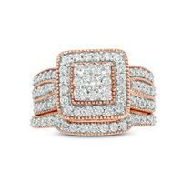 1.23 CT. T.W. Multi-Diamond Square Frame Vintage-Style Multi-Row Bridal Set in 10K Rose Gold|Peoples Jewellers