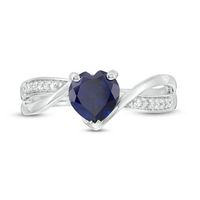 6.0mm Heart-Shaped Lab-Created Sapphire and 0.04 CT. T.W. Diamond Crossover Bypass Promise Ring in Sterling Silver|Peoples Jewellers