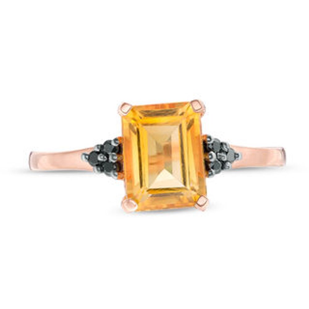 Emerald-Cut Citrine and 0.04 CT. T.W. Black Diamond Tri-Sides Promise Ring in 10K Rose Gold|Peoples Jewellers