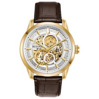 Men's Bulova Sutton Automatic Gold-Tone Strap Watch with Silver-Tone Skeleton Dial (Model: 97A138)|Peoples Jewellers