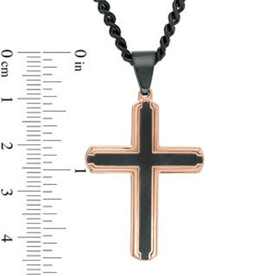 Men's Bevelled Edge Cross Pendant in Stainless Steel with Black and Rose IP - 24"|Peoples Jewellers