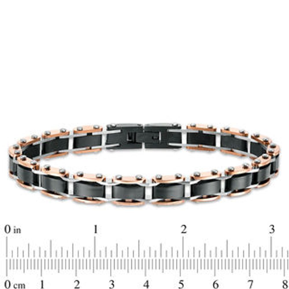 Men's Triple Row Rectangle Link Bracelet in Stainless Steel and Black and Rose IP - 8.5"|Peoples Jewellers