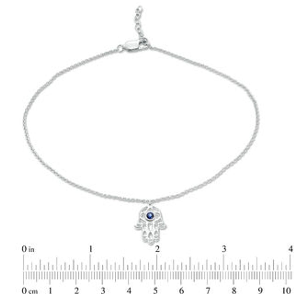 Lab-Created Blue Sapphire Solitaire Hamsa Dangle Anklet in Sterling Silver - 10"|Peoples Jewellers