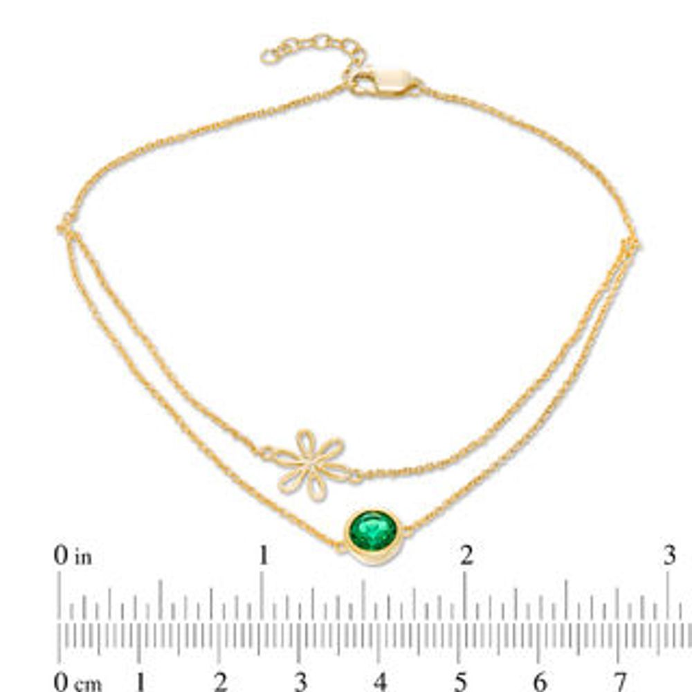 6.0mm Lab-Created Emerald Solitaire and Daisy Outline Double Strand Anklet in 10K Gold - 10"|Peoples Jewellers