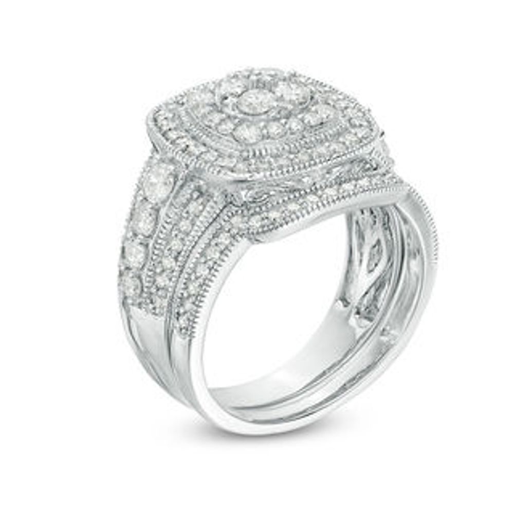 1.45 CT. T.W. Multi-Diamond Double Cushion Frame Vintage-Style Bridal Set in 10K White Gold|Peoples Jewellers