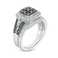 0.45 CT. T.W. Black and White Multi-Diamond Cushion Frame Vintage-Style Bridal Set in Sterling Silver|Peoples Jewellers