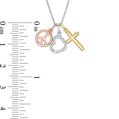 Diamond Accent Heart, Cross and Peace Sign Charm Pendant in Sterling Silver and 14K Two-Tone Gold Plate|Peoples Jewellers