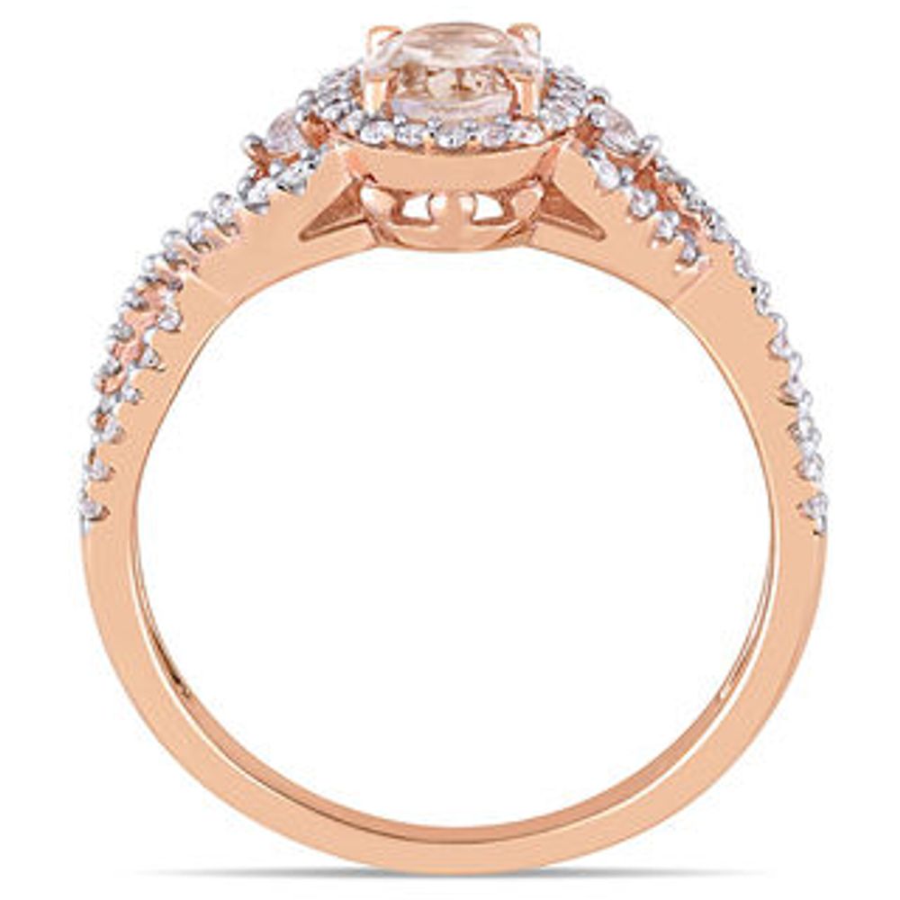 Oval Morganite, White Sapphire and 0.30 CT. T.W. Diamond Frame Side Accent Twist Shank Ring in 10K Rose Gold|Peoples Jewellers