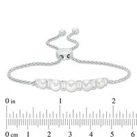 Button Freshwater Cultured Pearl and Baguette Lab-Created White Sapphire Bolo Bracelet in Sterling Silver-9.5"|Peoples Jewellers