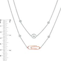 Diamond Accent Peace Sign and Paper Clip Double Strand Necklace in Sterling Silver with 10K Rose Gold - 30"|Peoples Jewellers