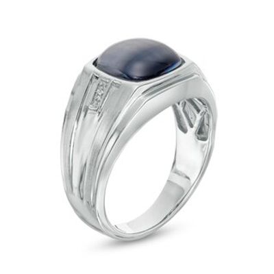 Men's Barrel-Cut Simulated Cat's Eye and Diamond Accent Comfort-Fit Stepped Edge Ring in Sterling Silver - Size 10|Peoples Jewellers