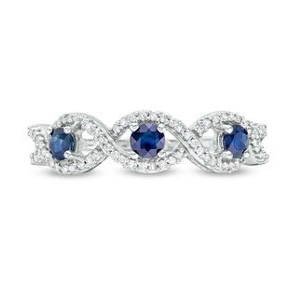 3.0mm Blue Sapphire and 0.15 CT. T.W. Diamond Three Stone Twist Shank Stackable Band in 10K White Gold|Peoples Jewellers