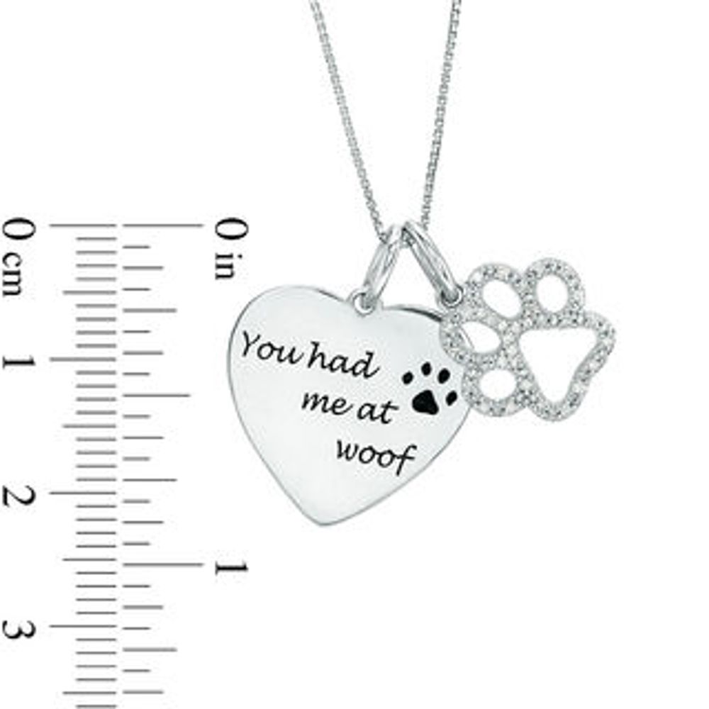 0.10 CT. T.W. Diamond Paw Print Outline and "You had me at woof" Heart Charm Pendant in Sterling Silver|Peoples Jewellers