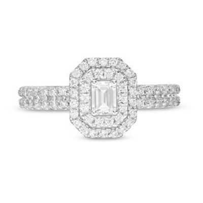1.00 CT. T.W. Certified Canadian Emerald-Cut Diamond Double Frame Engagement Ring in 14K White Gold (I/SI2)|Peoples Jewellers