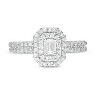 1.00 CT. T.W. Certified Canadian Emerald-Cut Diamond Double Frame Engagement Ring in 14K White Gold (I/SI2)|Peoples Jewellers