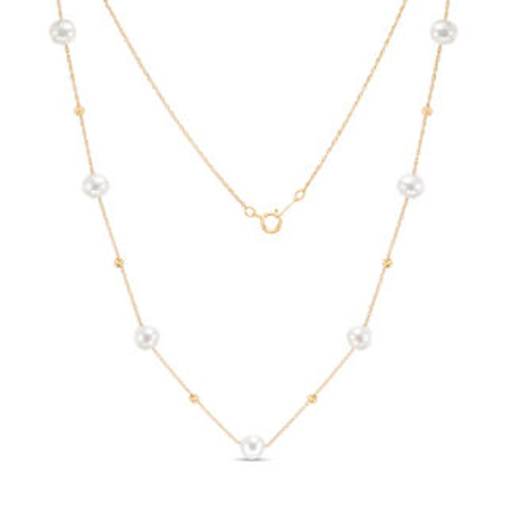 IMPERIAL® 6.0-6.5mm Freshwater Cultured Pearl and Diamond-Cut Bead Station Necklace in 14K Gold|Peoples Jewellers