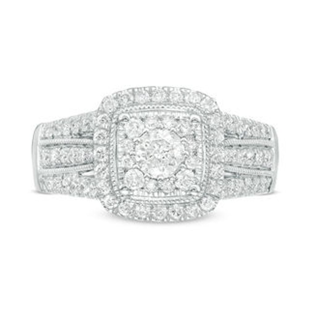 1.00 CT. T.W. Diamond Cushion Frame Vintage-Style Multi-Row Engagement Ring in 10K White Gold|Peoples Jewellers