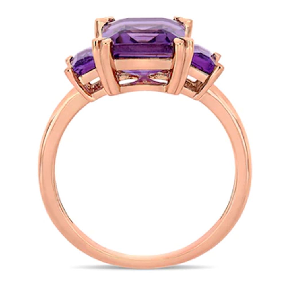 Emerald-Cut Amethyst Three Stone Ring in 14K Rose Gold|Peoples Jewellers