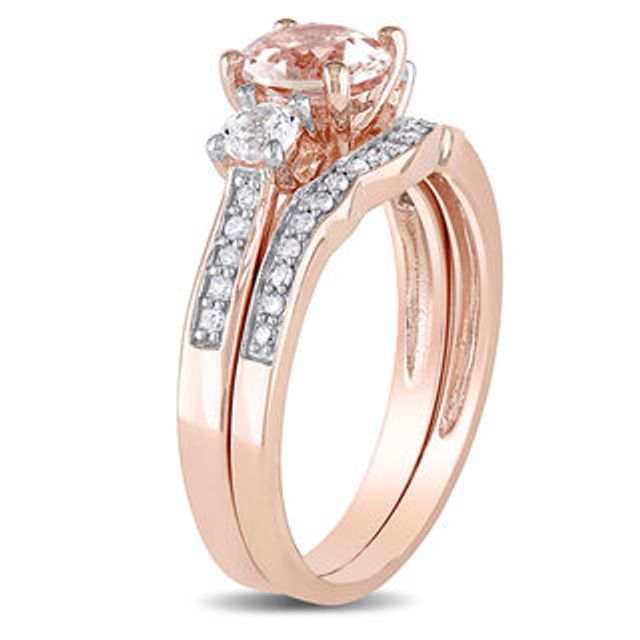 Morganite, Lab-Created White Sapphire and 0.12 CT. T.W. Diamond Three Stone Bridal Set in 10K Rose Gold|Peoples Jewellers