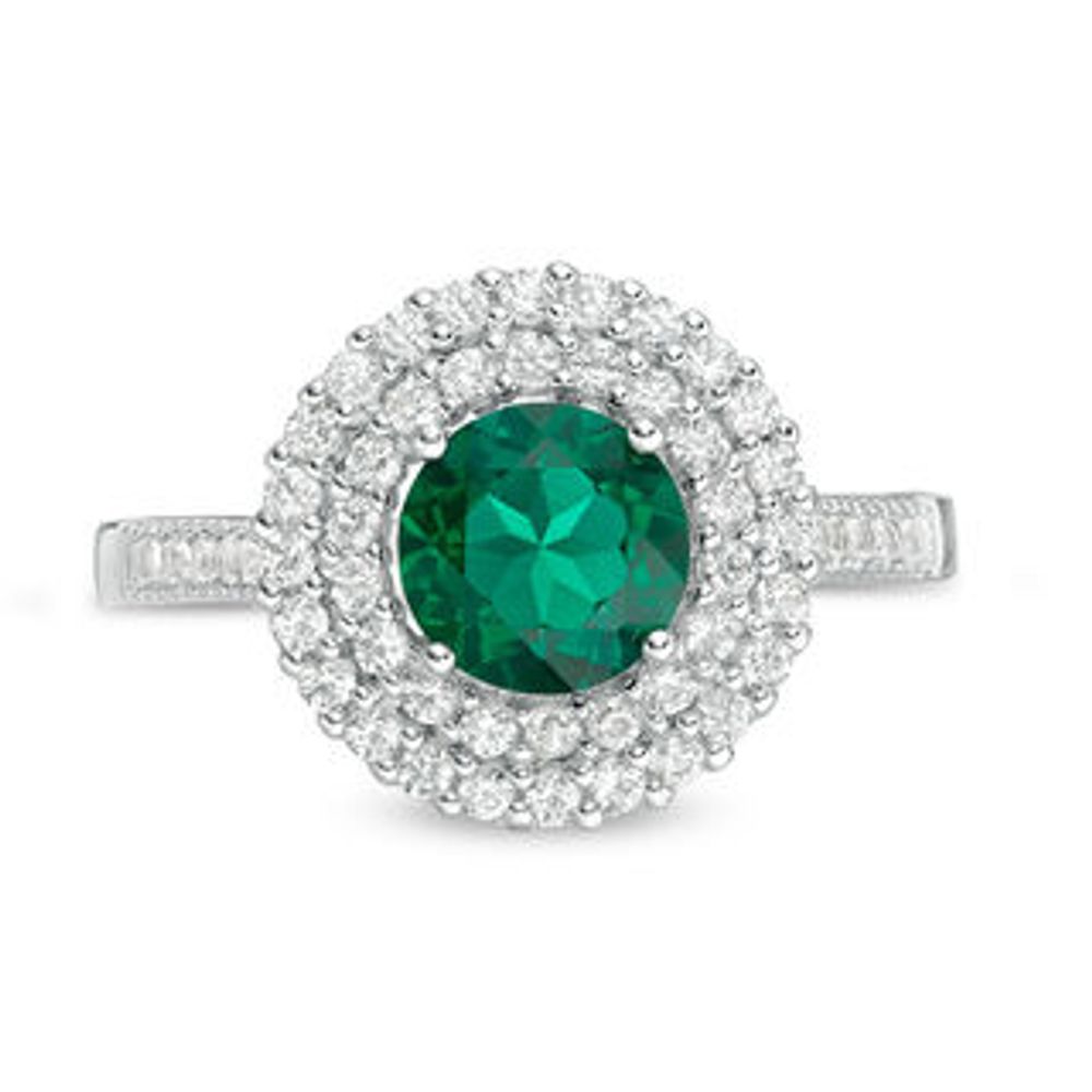 6.5mm Lab-Created Emerald and White Lab-Created Sapphire Double Frame Ring in Sterling Silver|Peoples Jewellers