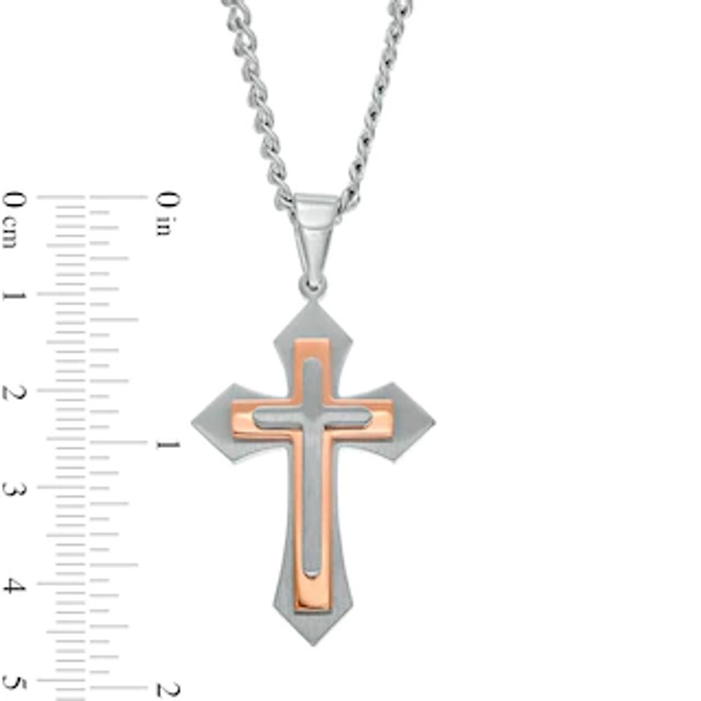 Men's Layered Cross Pendant in Stainless Steel with Rose Ion-Plate – 24"|Peoples Jewellers