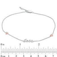 0.04 CT. T.W. Diamond "Love" with Hearts Station Anklet in Sterling Silver and 10K Rose Gold Plate - 10"|Peoples Jewellers