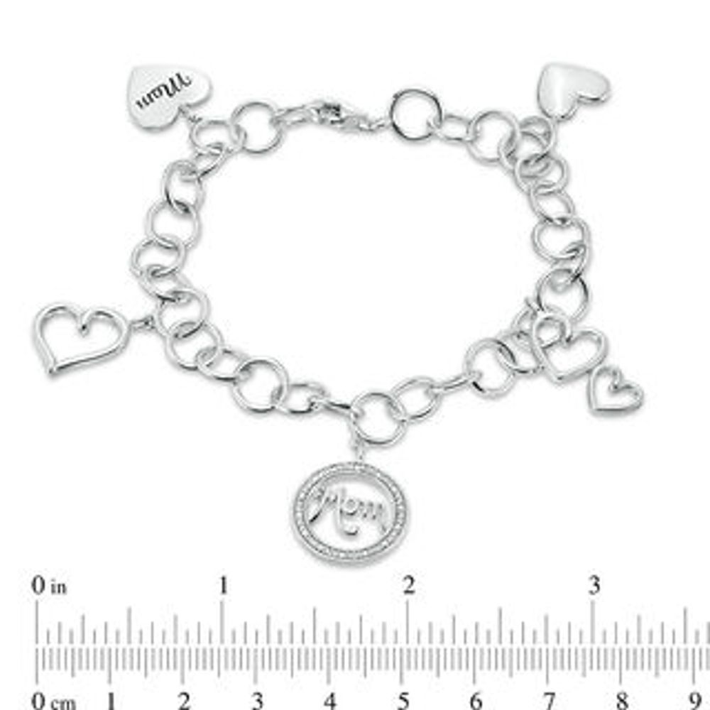 0.11 CT. T.W. Diamond "Mom" and Heart Charm Bracelet in Sterling Silver|Peoples Jewellers