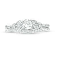 4.5mm Lab-Created White Sapphire and 0.17 CT. T.W. Diamond Leaf-Sides Vintage-Style Bridal Set in Sterling Silver|Peoples Jewellers