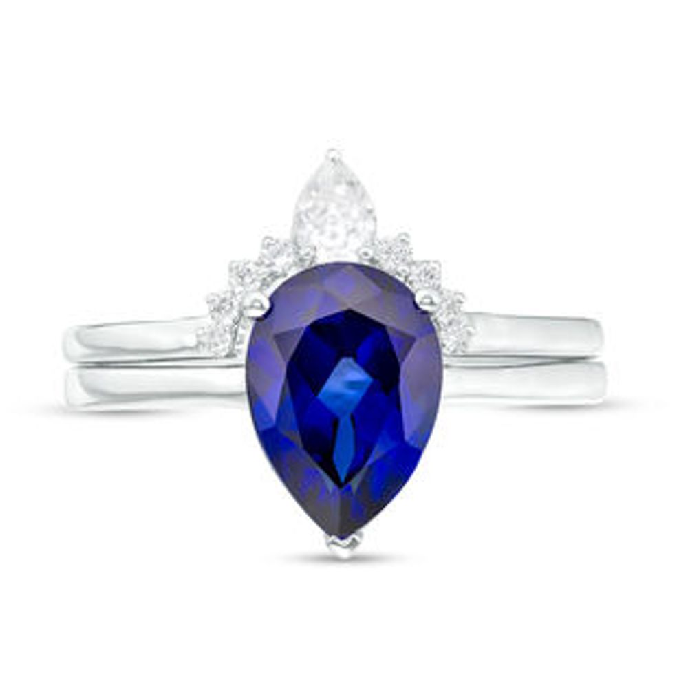 Pear-Shaped Lab-Created Blue Sapphire, White Topaz and 0.04 CT. T.W. Diamond Crown Bridal Set in 10K White Gold|Peoples Jewellers