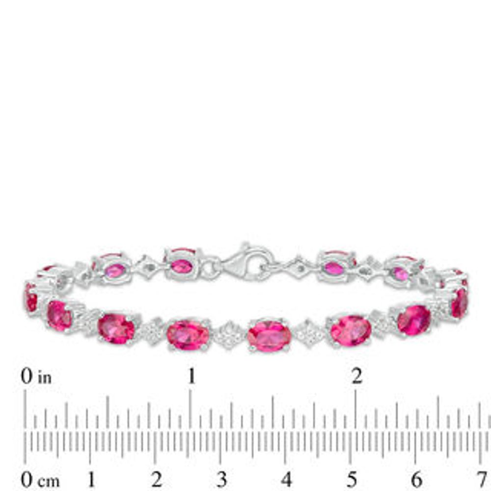 Oval Lab-Created Ruby and White Sapphire Cluster Line Bracelet in Sterling Silver - 7.25"|Peoples Jewellers