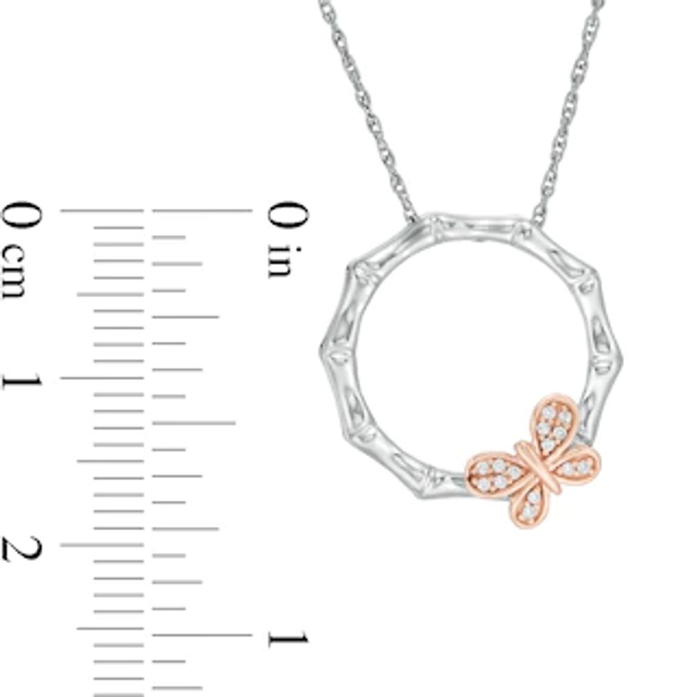 0.065 CT. T.W. Diamond Bamboo Circle with Butterfly Necklace in Sterling Silver and 10K Rose Gold|Peoples Jewellers