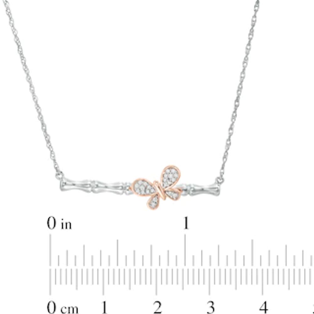 Diamond Accent Sideways Bamboo Stick with Butterfly Necklace in Sterling Silver and 10K Rose Gold|Peoples Jewellers