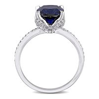 8.0mm Cushion-Cut Lab-Created Blue Sapphire and 0.06 CT. T.W. Diamond Beaded Floral-Set Ring in 10K White Gold|Peoples Jewellers