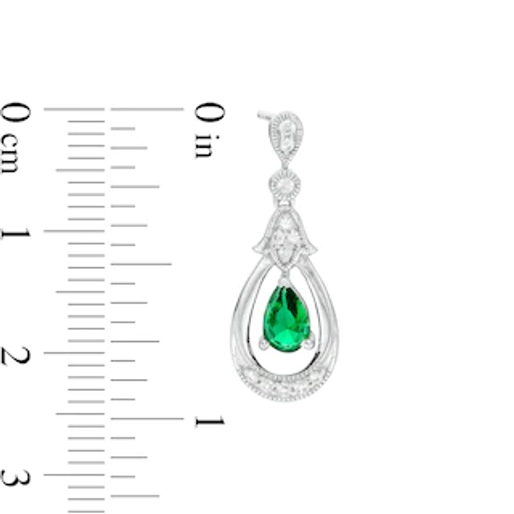 Pear-Shaped Lab-Created Emerald and White Sapphire Open Frame Vintage-Style Drop Earrings in Sterling Silver|Peoples Jewellers