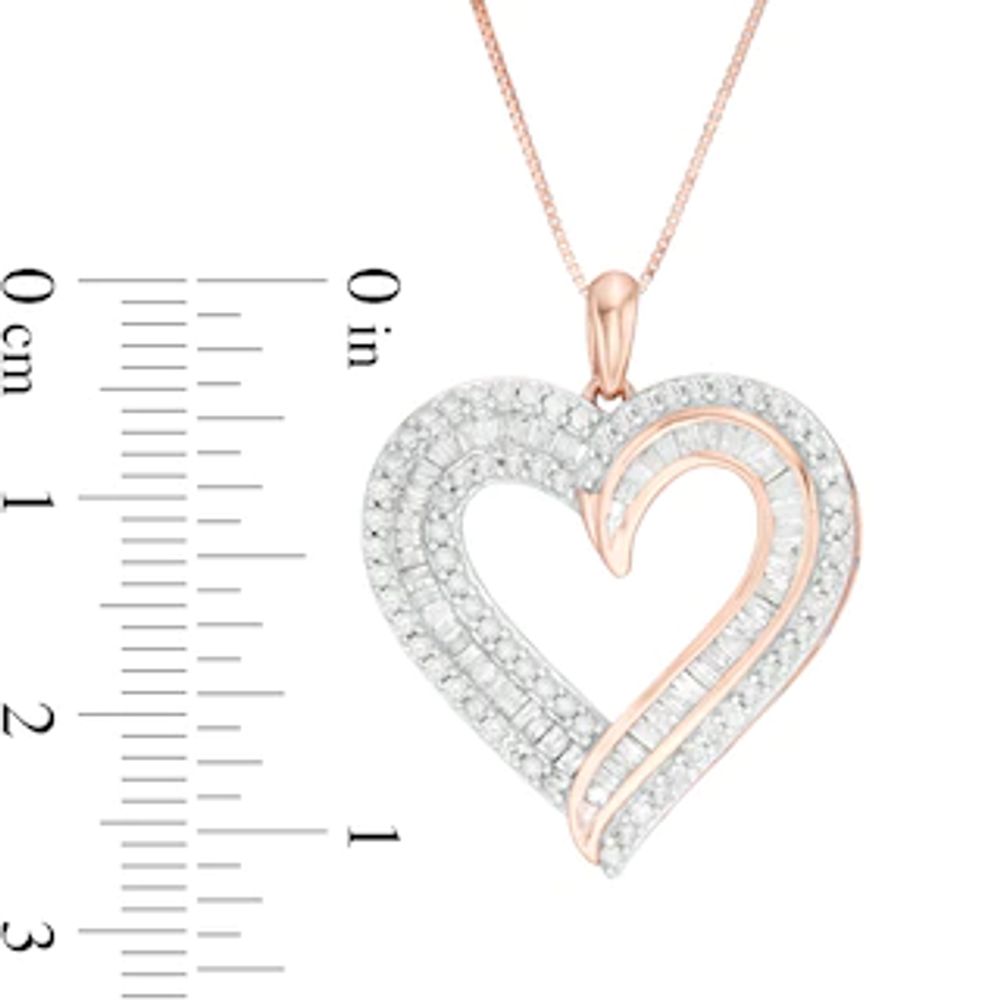 0.95 CT. T.W. Baguette and Round Diamond Double Row Heart Pendant in 10K Rose Gold|Peoples Jewellers