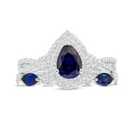 Pear-Shaped Lab-Created Blue and White Sapphire Double Frame Twist Shank Art Deco Bridal Set in Sterling Silver|Peoples Jewellers