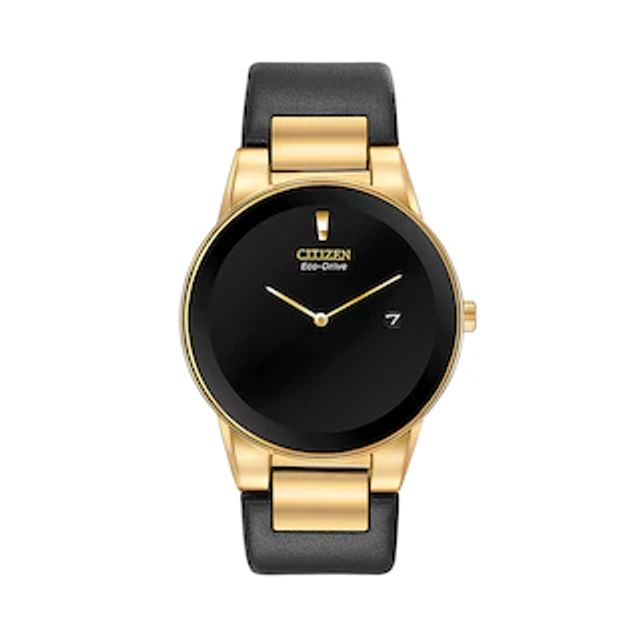 Men's Citizen Eco-Drive® Axiom Gold-Tone Black Leather Strap Watch with Black Dial (Model: AU1062-05E)|Peoples Jewellers