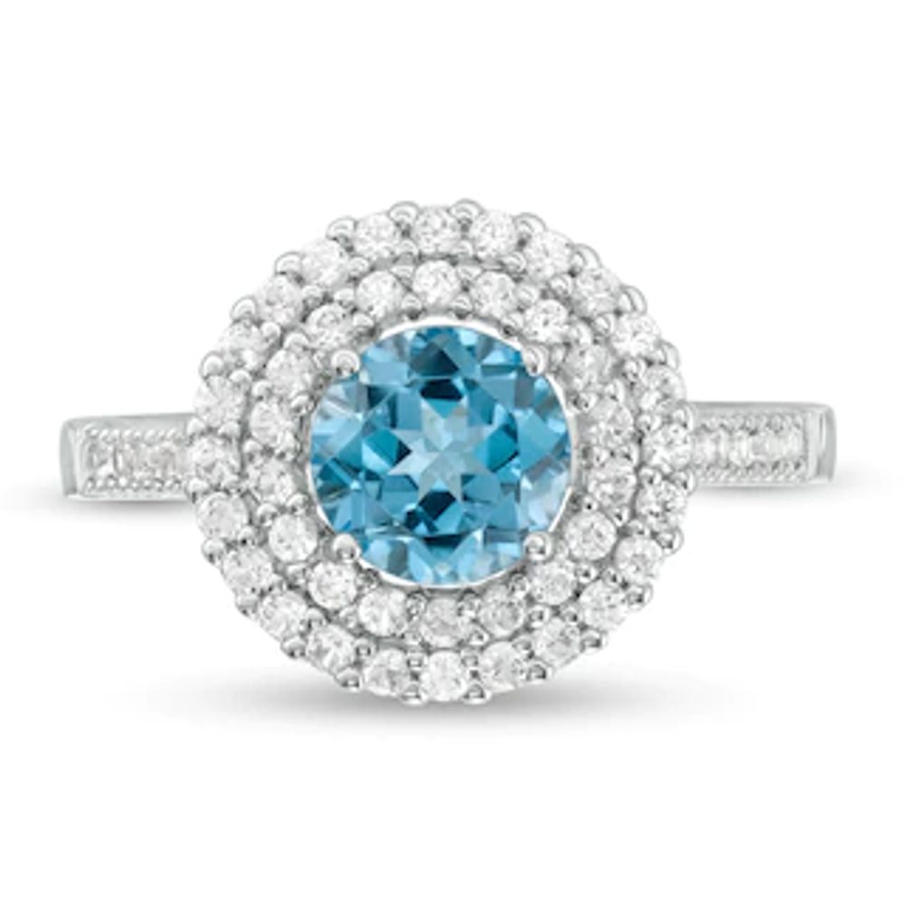 6.5mm Swiss Blue Topaz and Lab-Created White Sapphire Double Frame Ring in Sterling Silver|Peoples Jewellers