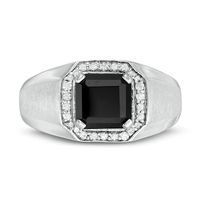 Men's 8.0mm Square Onyx and 0.18 CT. T.W. Diamond Octagonal Frame Ring in Sterling Silver|Peoples Jewellers