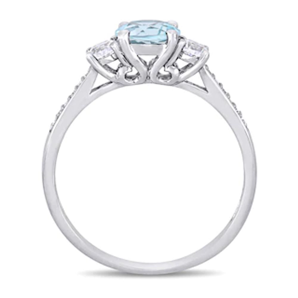 6.0mm Aquamarine, Lab-Created White Sapphire and 0.04 CT. T.W. Diamond Three Stone Engagement Ring in 10K White Gold|Peoples Jewellers