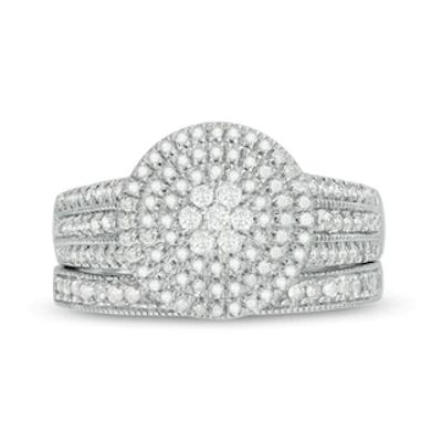 0.69 CT. T.W. Multi-Diamond Triple Frame Vintage-Style Multi-Row Bridal Set in 10K White Gold|Peoples Jewellers